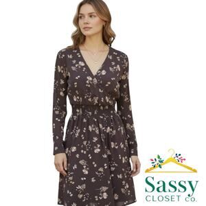 Amour Vert Silk Floral Wrap Dress Long Sleeve Purple Beige Pink L EUC